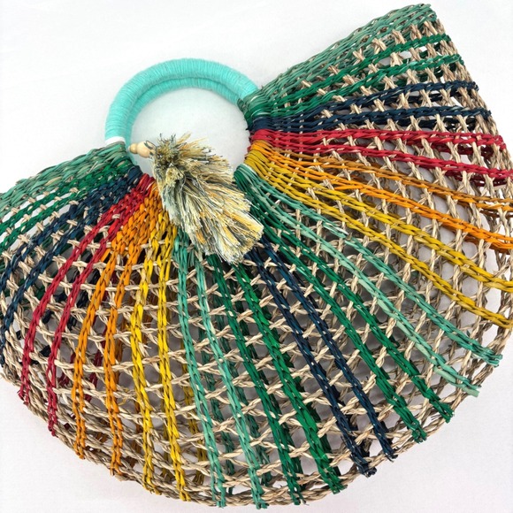 C&C California Handbags - C&C California Rainbow Straw Tote Bag Woven Fan Handbag Multicolor Tassel Boho